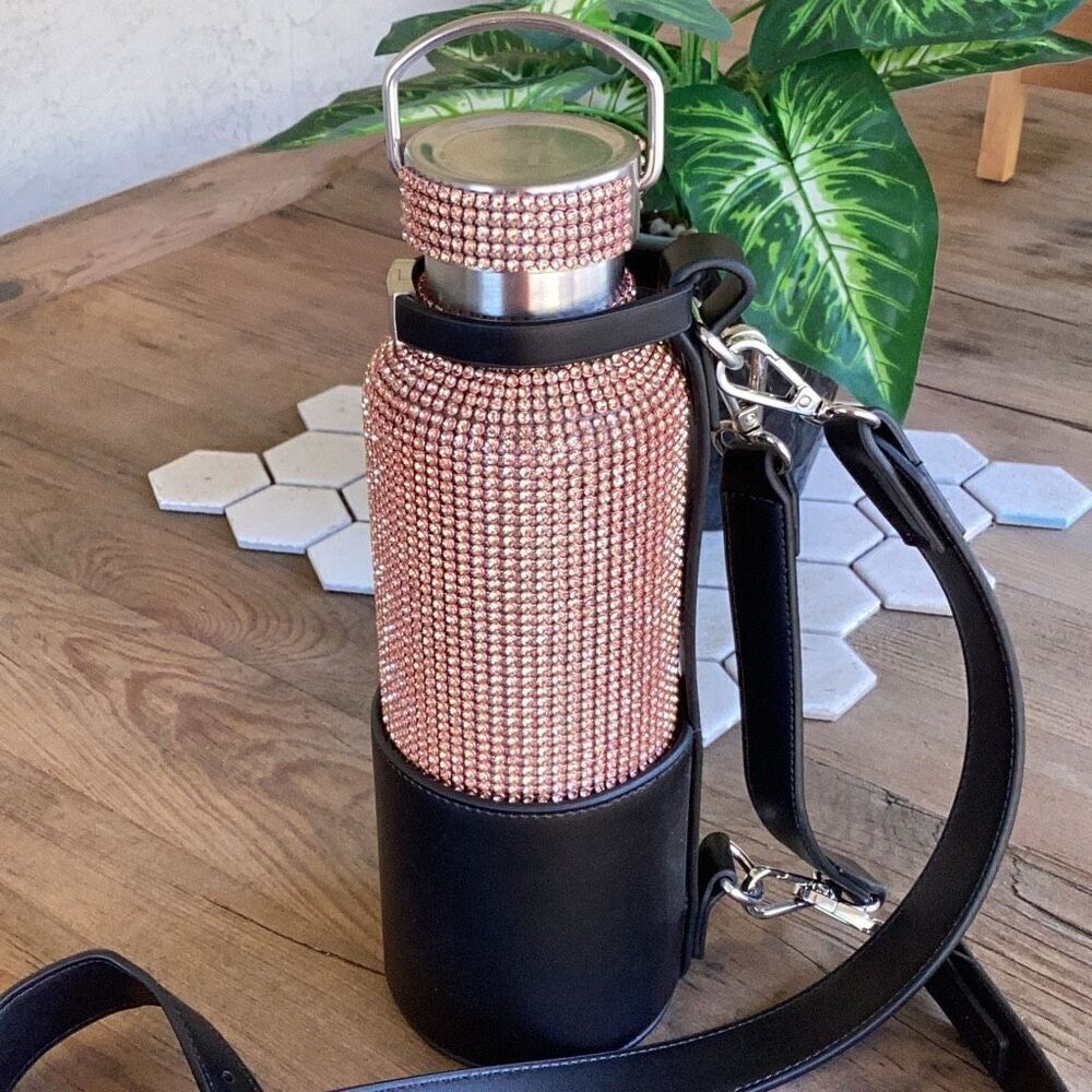 New Tomo Rhinestone Water Bottle w/ Vegan Leather Glam Bag Holder Rose Gold